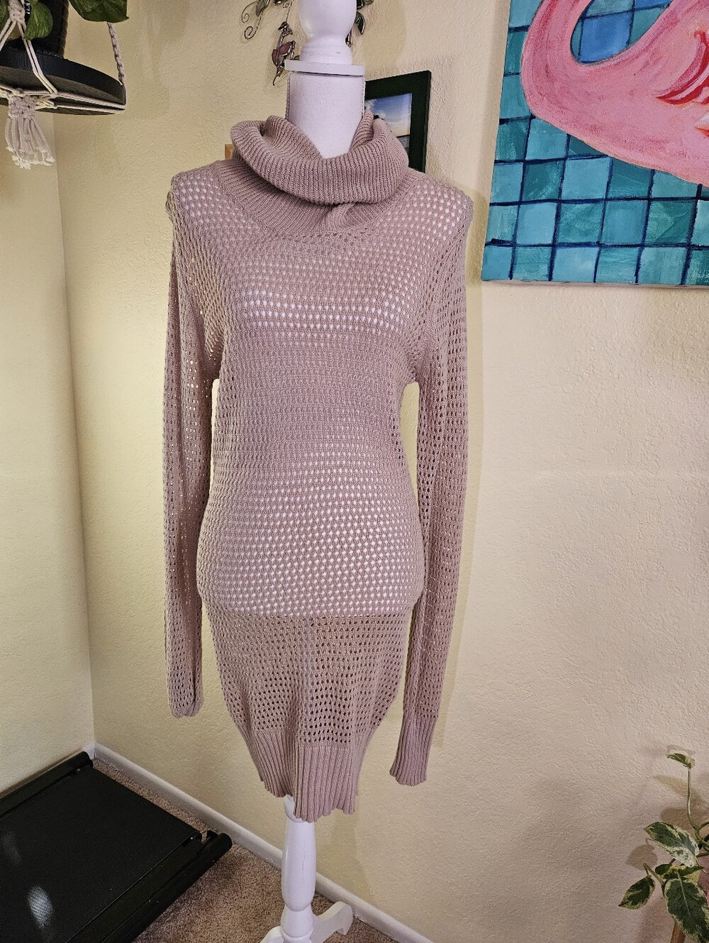 Bobi Cowl Neck Open Knit Sweater Dress - Taupe Sz L